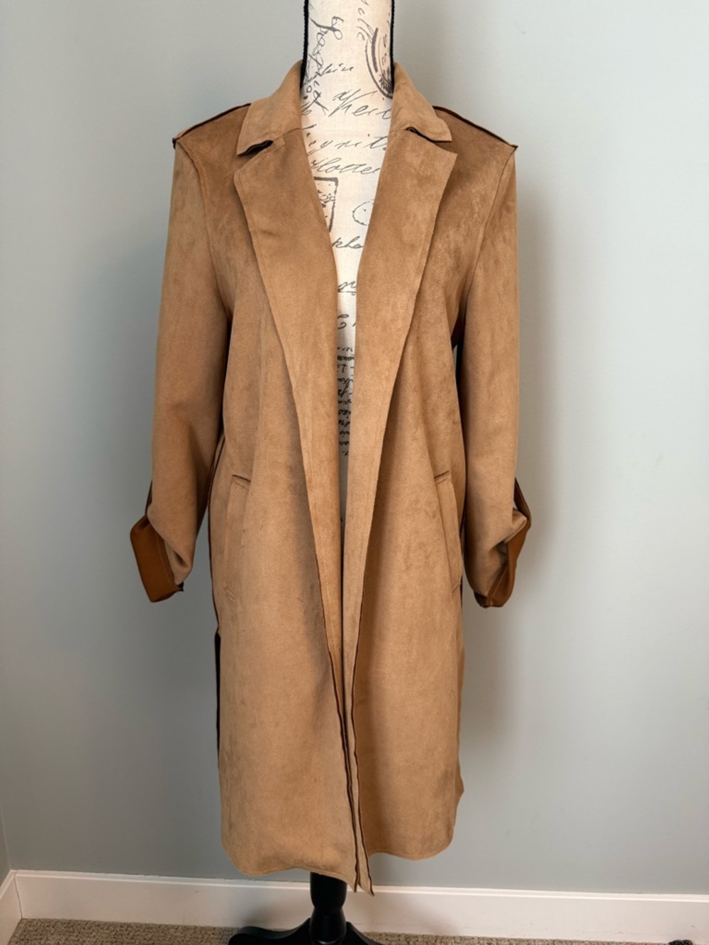 Tahari Faux Suede Trench Coat Tan Open Front Duster Jacket Minimalist Chic